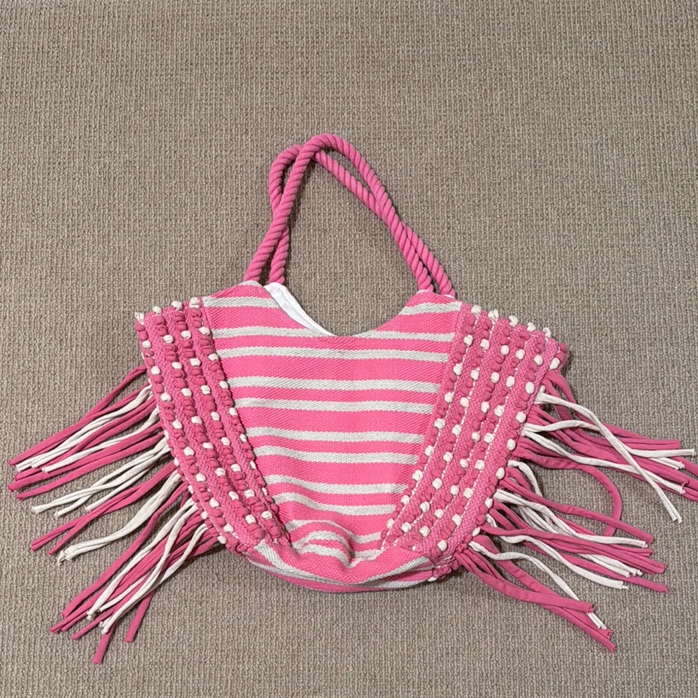 Pink and White Striped Fringe Tote Bag